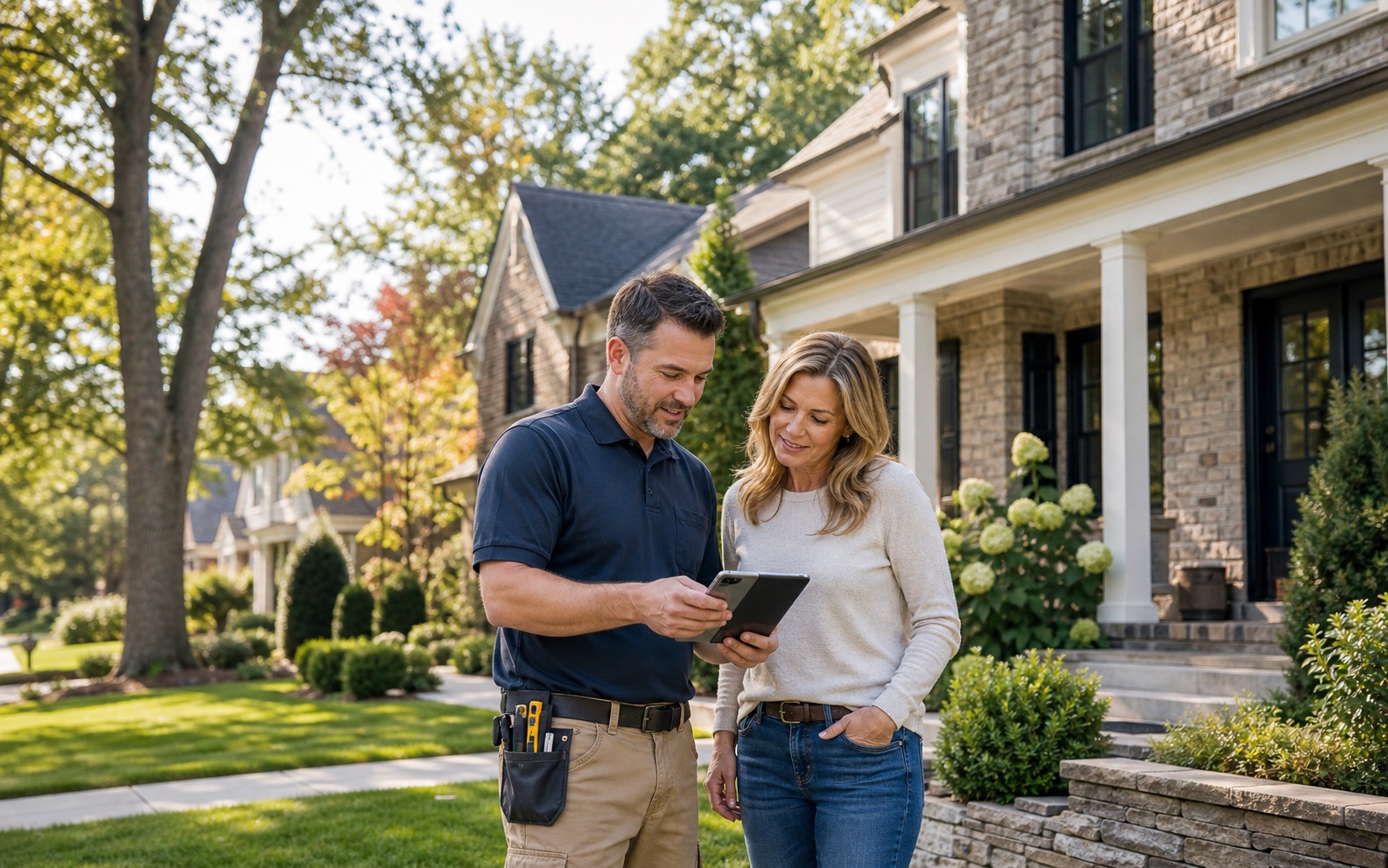 Local home-service pro reviewing project details with a homeowner outside a neighborhood home.
